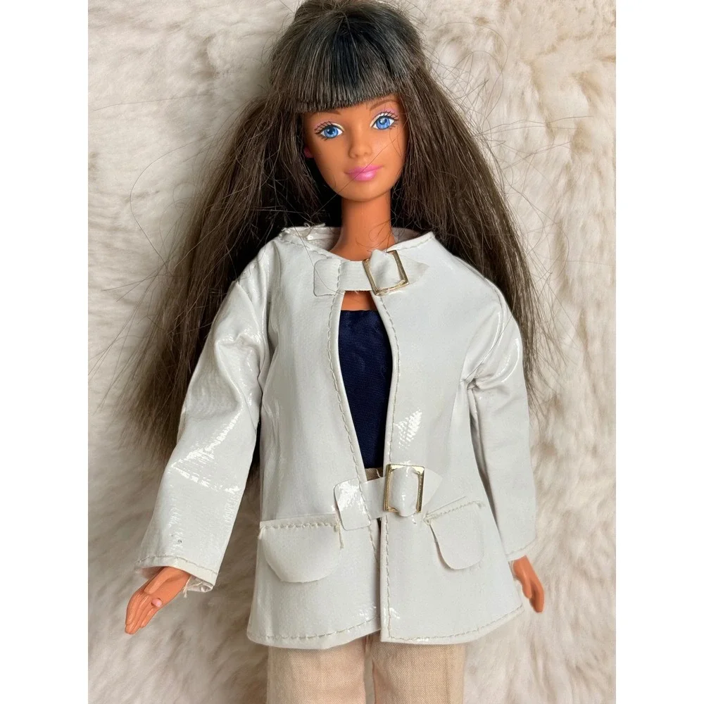 Vintage 1960s Barbie Clone White Faux Leather Coat Mod Doll Clothes Buckles
